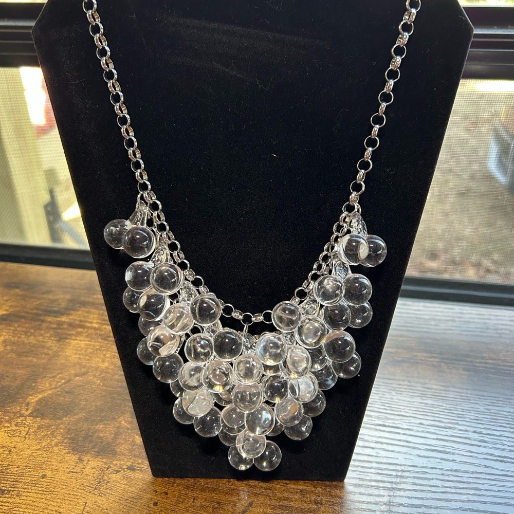 R.J. Graziano Clear Lucite Bubble Bib Necklace  Silver Tone Exquisite Chain